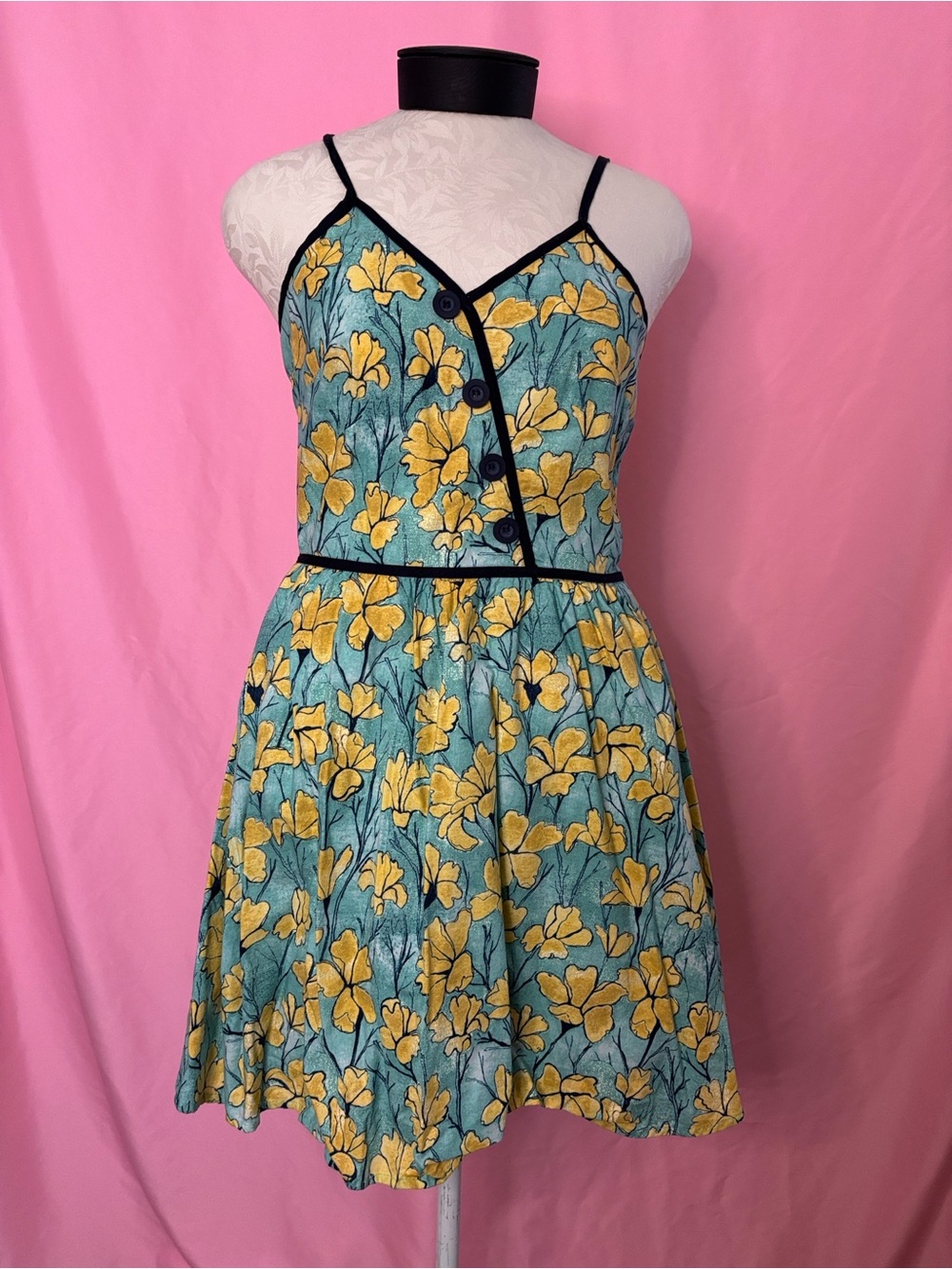 Retrolicious Teal and Yellow Floral Fit-and-Flare Sundress Size L